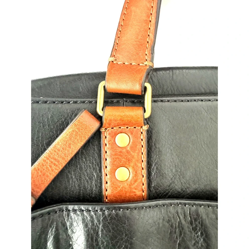 Fossil Defender Briefcase Black Leather Top Handles Crossbody Strap Double Zip